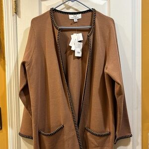 MAGASHONI WOMAN…NWTS OPEN FRONT LONG SWEATER CAMEL COLOR WITH BLACK&TAN BRAIDING